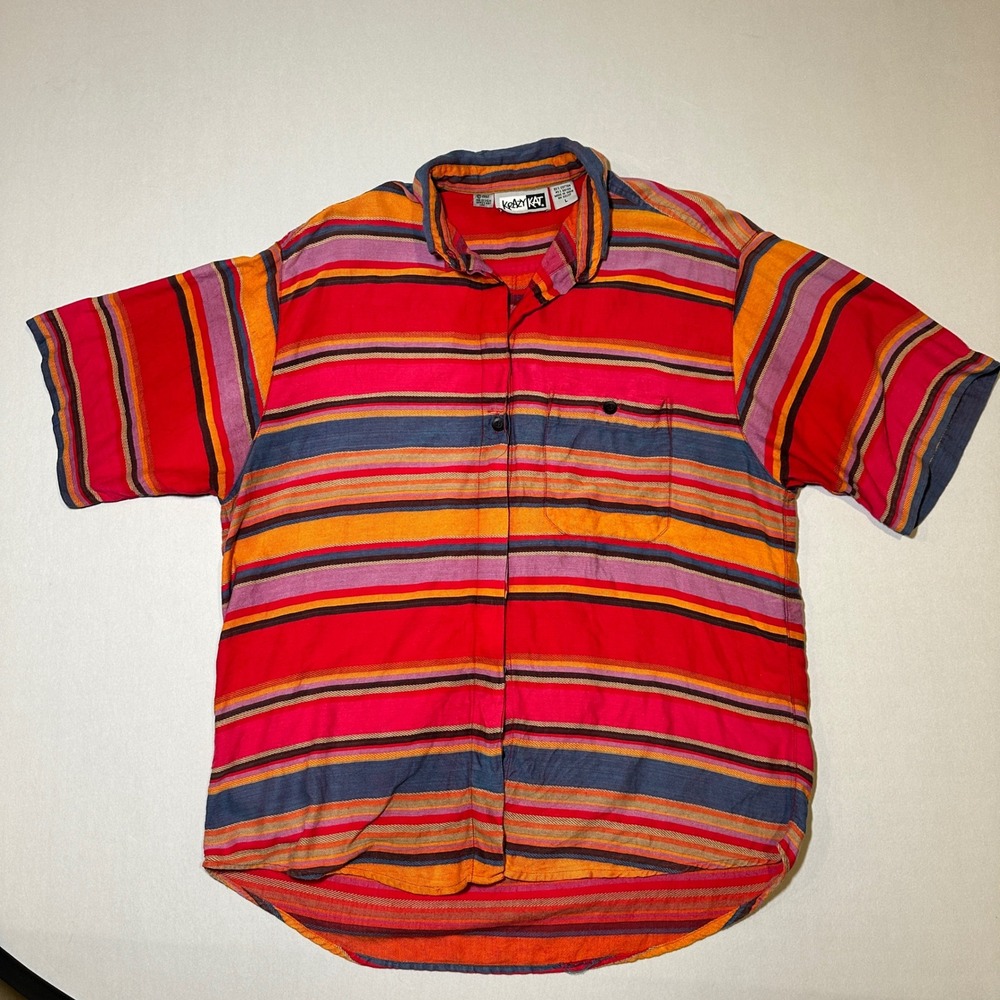 Vtg Krazy Kat Striped Button Shirt Womens L Regular Multicolor‎ Cotton Rayon 90s